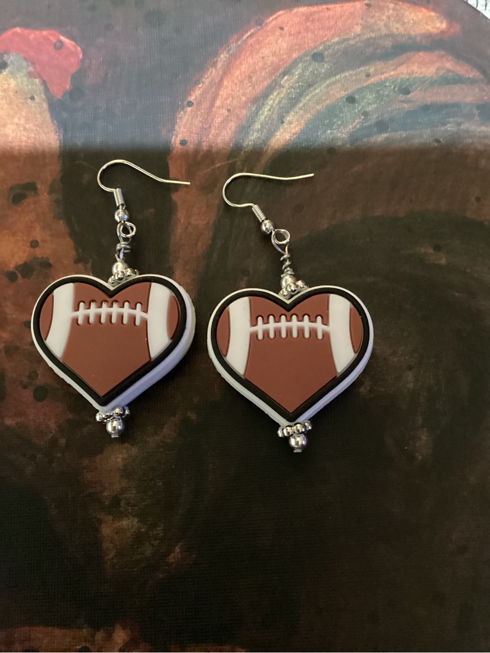 Heart Football Dangle Earrings - Brown & White Game Day Style
